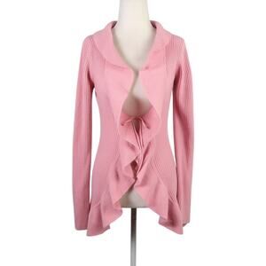 Vintage 90s Energie pink ribbed knit ruffle trim cardigan sweater M
